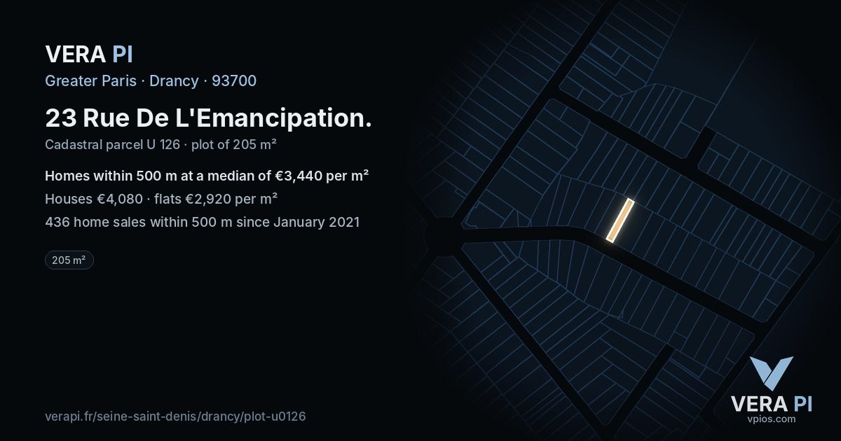 23 Rue De L'Emancipation, Drancy at night – the plot lit, the parcels around coloured by the prices near them