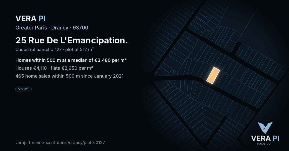 25 Rue De L'Emancipation, Drancy at night – the plot lit, the parcels around coloured by the prices near them