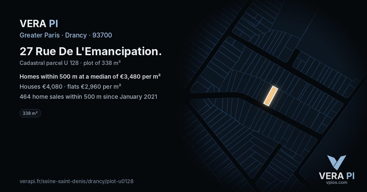 27 Rue De L'Emancipation, Drancy at night – the plot lit, the parcels around coloured by the prices near them