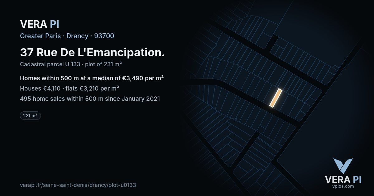 37 Rue De L'Emancipation, Drancy at night – the plot lit, the parcels around coloured by the prices near them