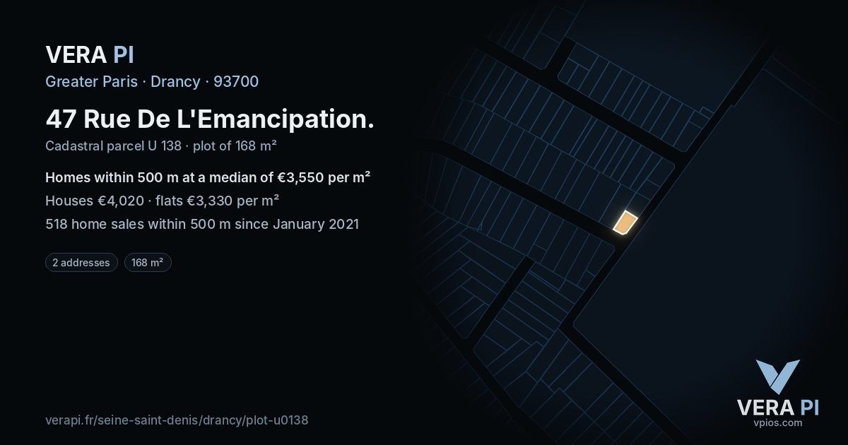 47 Rue De L'Emancipation, Drancy at night – the plot lit, the parcels around coloured by the prices near them