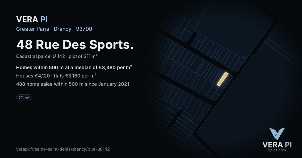 48 Rue Des Sports, Drancy at night – the plot lit, the parcels around coloured by the prices near them