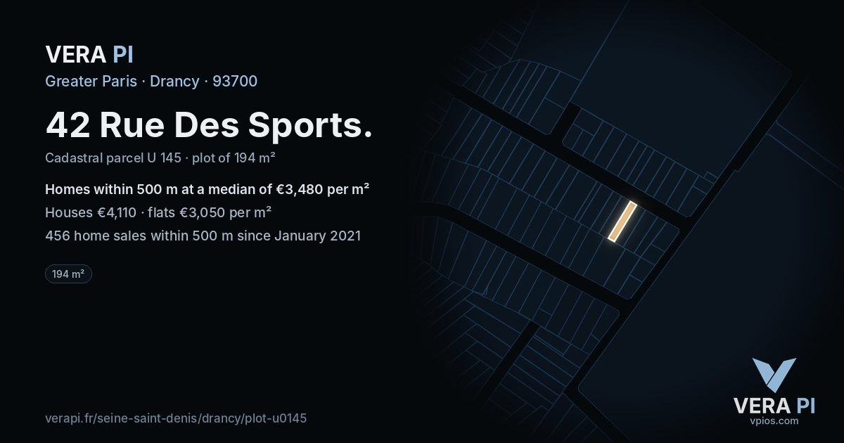 42 Rue Des Sports, Drancy at night – the plot lit, the parcels around coloured by the prices near them