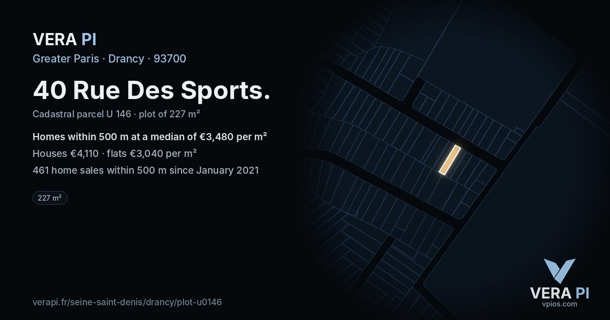 40 Rue Des Sports, Drancy at night – the plot lit, the parcels around coloured by the prices near them