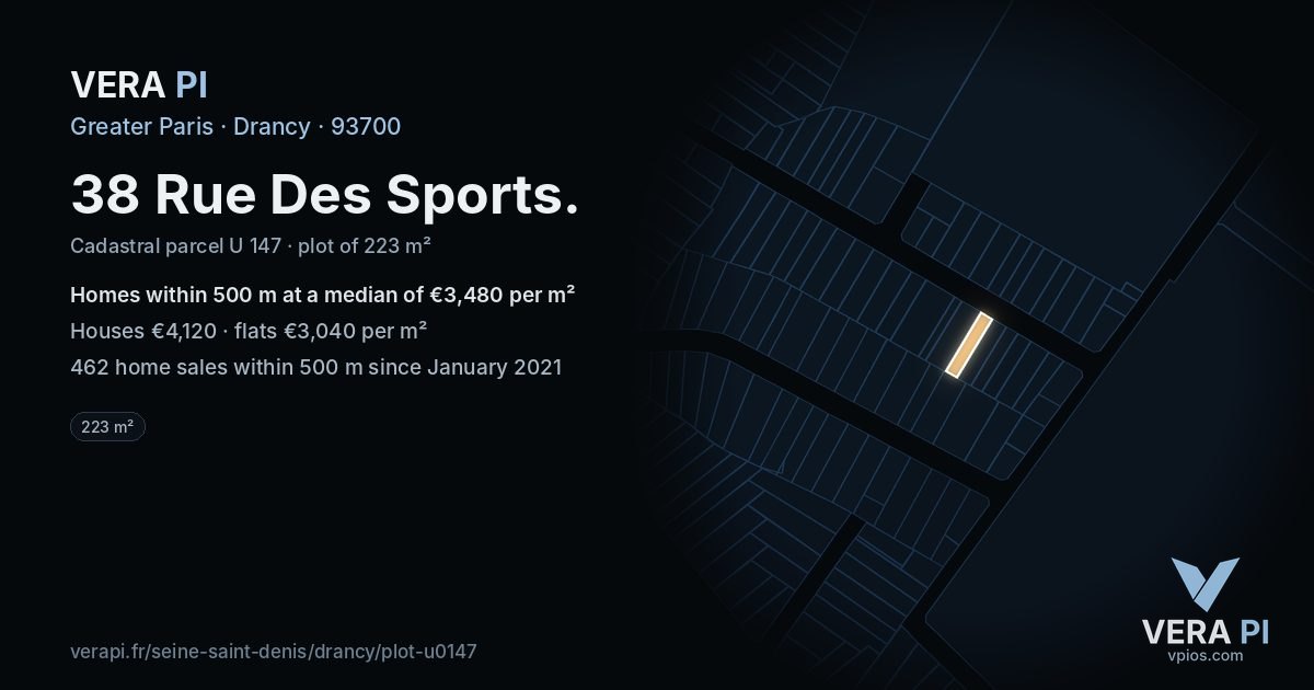 38 Rue Des Sports, Drancy at night – the plot lit, the parcels around coloured by the prices near them