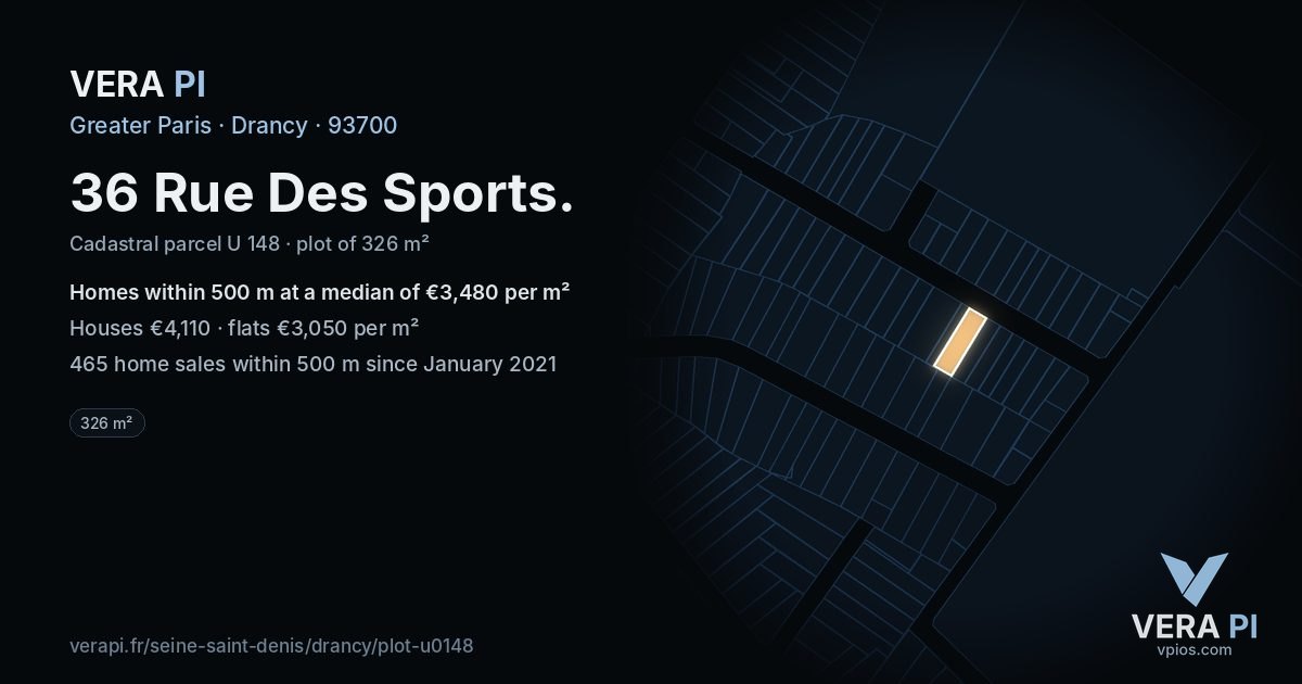 36 Rue Des Sports, Drancy at night – the plot lit, the parcels around coloured by the prices near them