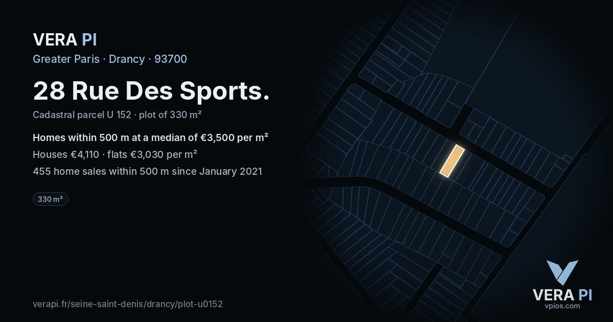 28 Rue Des Sports, Drancy at night – the plot lit, the parcels around coloured by the prices near them
