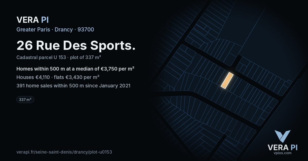 26 Rue Des Sports, Drancy at night – the plot lit, the parcels around coloured by the prices near them