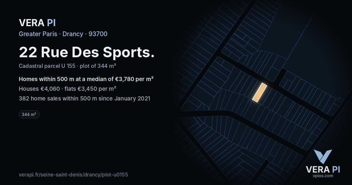 22 Rue Des Sports, Drancy at night – the plot lit, the parcels around coloured by the prices near them