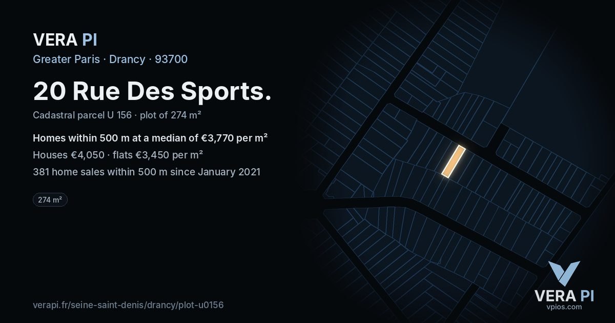 20 Rue Des Sports, Drancy at night – the plot lit, the parcels around coloured by the prices near them