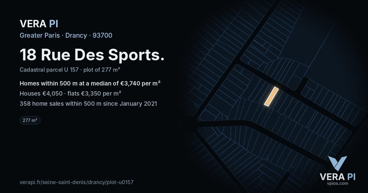 18 Rue Des Sports, Drancy at night – the plot lit, the parcels around coloured by the prices near them