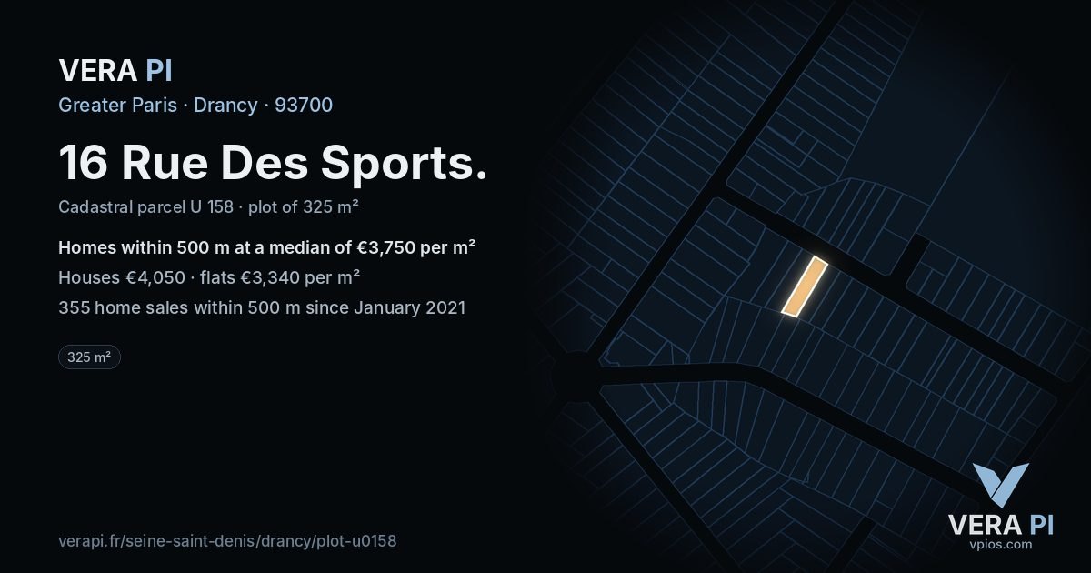 16 Rue Des Sports, Drancy at night – the plot lit, the parcels around coloured by the prices near them