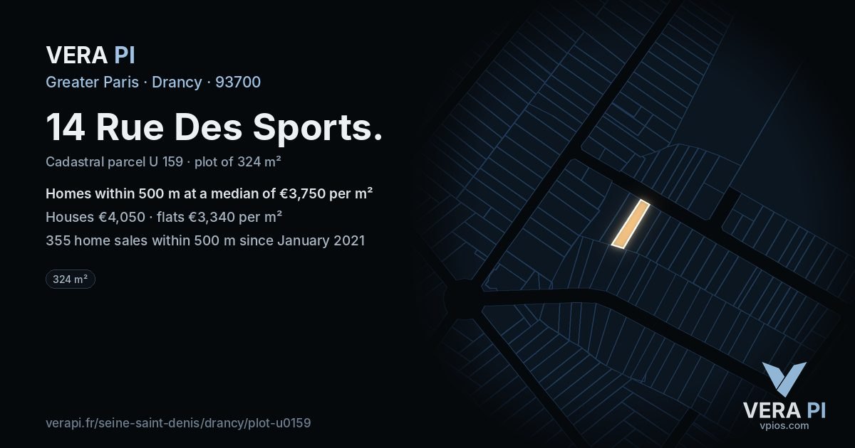 14 Rue Des Sports, Drancy at night – the plot lit, the parcels around coloured by the prices near them
