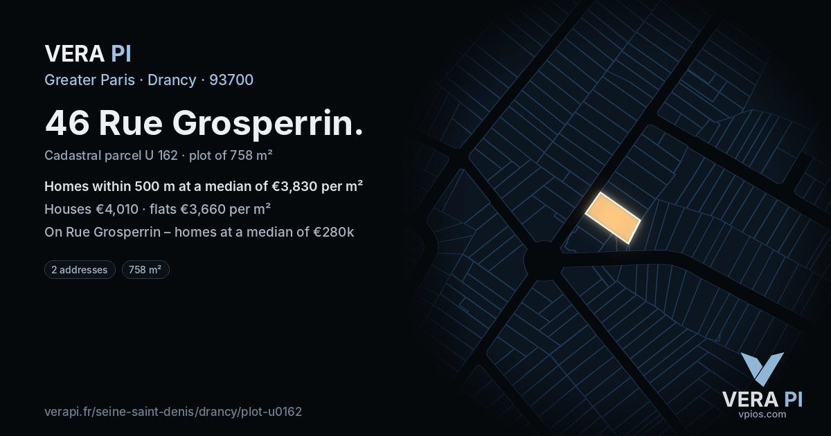 46 Rue Grosperrin, Drancy at night – the plot lit, the parcels around coloured by the prices near them