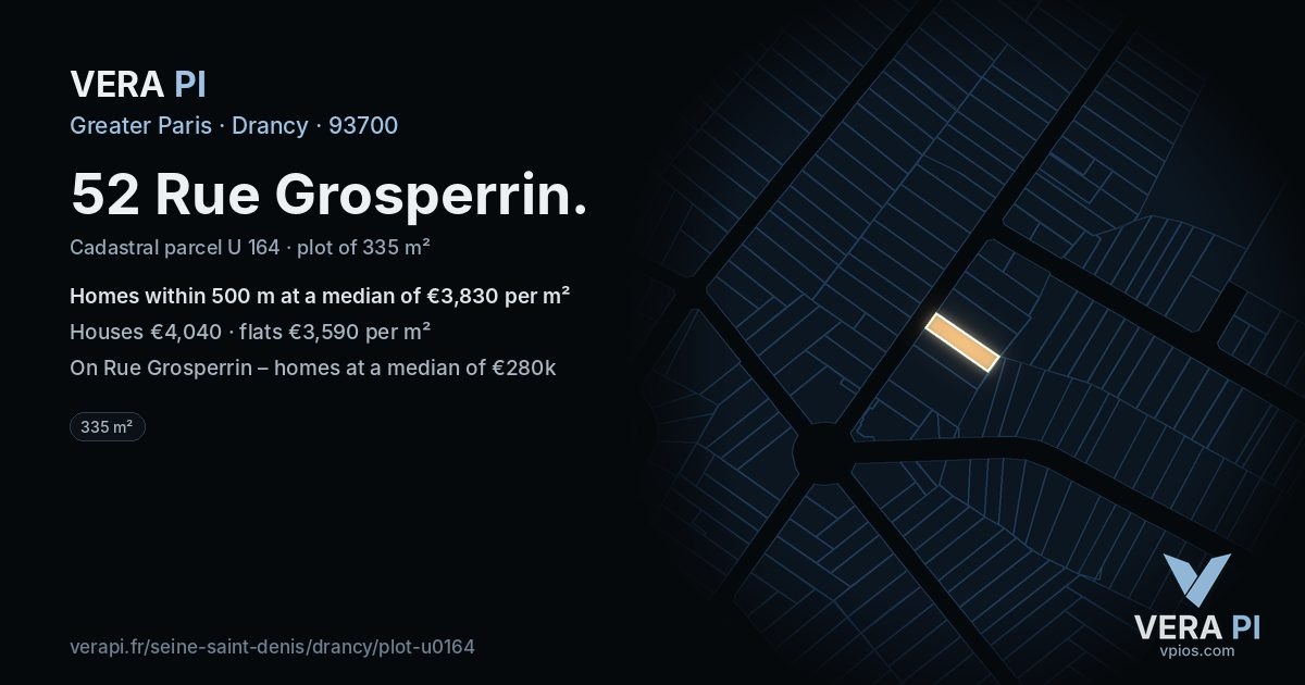 52 Rue Grosperrin, Drancy at night – the plot lit, the parcels around coloured by the prices near them