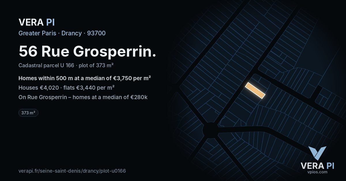 56 Rue Grosperrin, Drancy at night – the plot lit, the parcels around coloured by the prices near them
