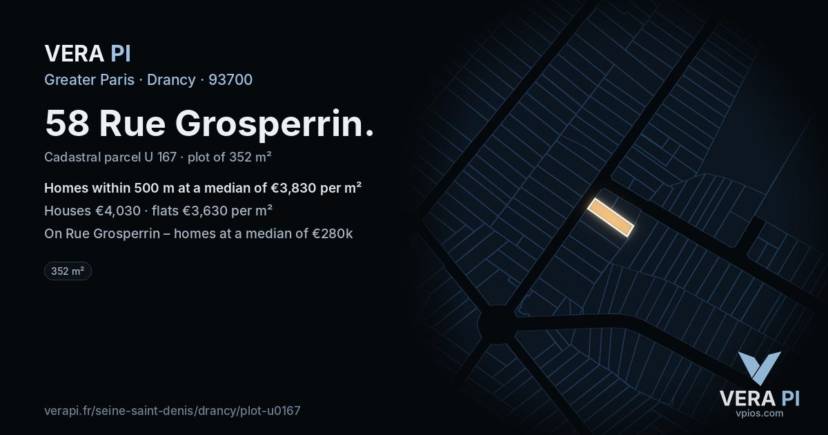 58 Rue Grosperrin, Drancy at night – the plot lit, the parcels around coloured by the prices near them