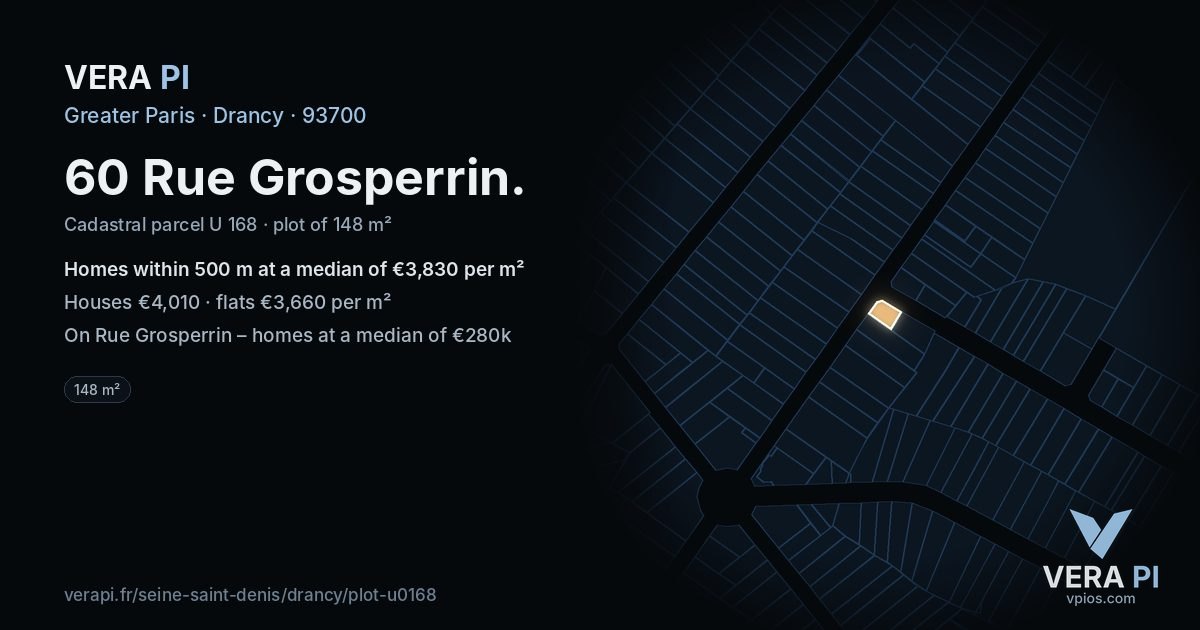 60 Rue Grosperrin, Drancy at night – the plot lit, the parcels around coloured by the prices near them