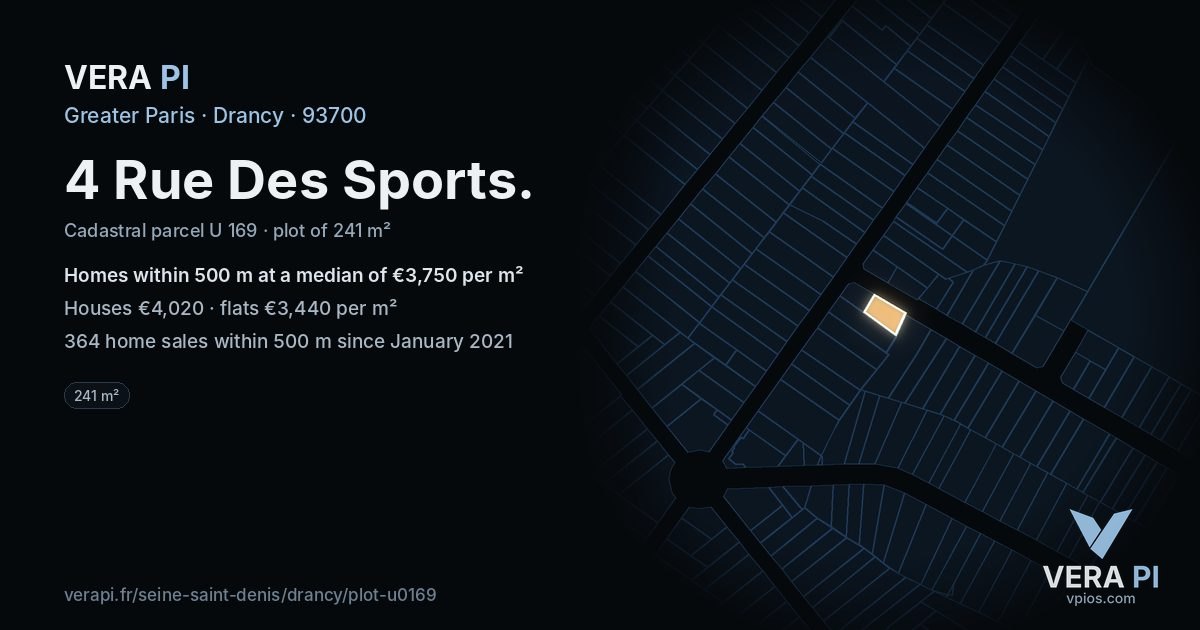 4 Rue Des Sports, Drancy at night – the plot lit, the parcels around coloured by the prices near them
