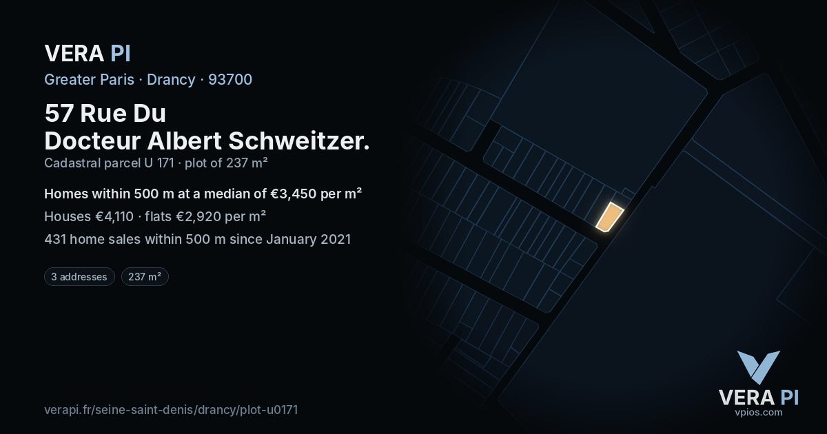 57 Rue Du Docteur Albert Schweitzer, Drancy at night – the plot lit, the parcels around coloured by the prices near them
