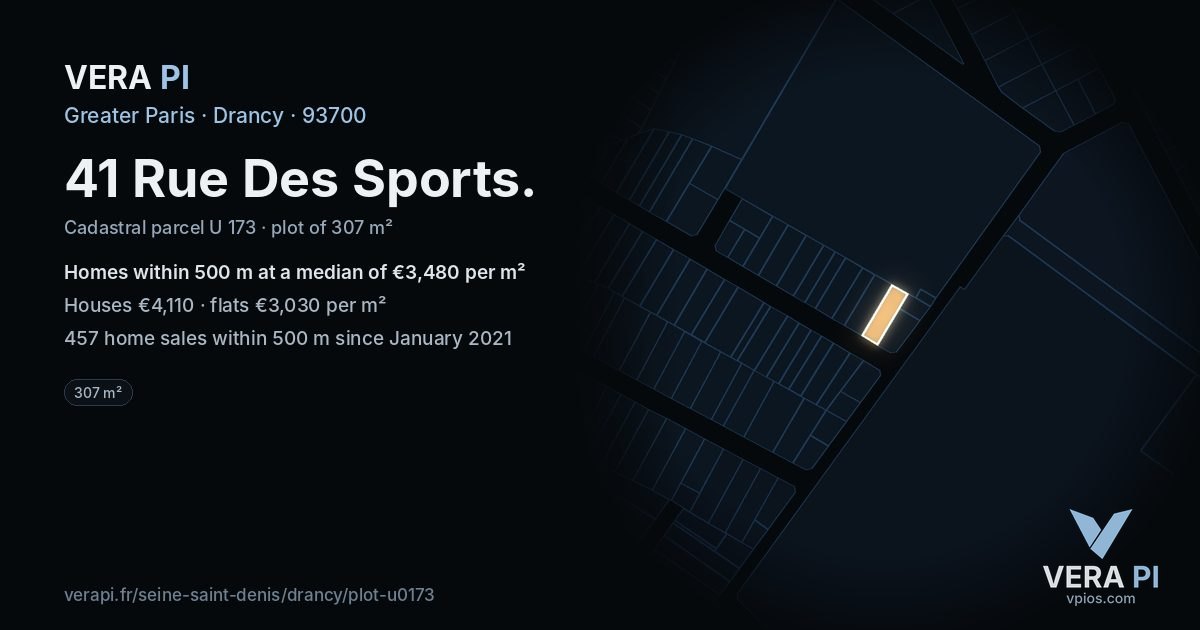 41 Rue Des Sports, Drancy at night – the plot lit, the parcels around coloured by the prices near them
