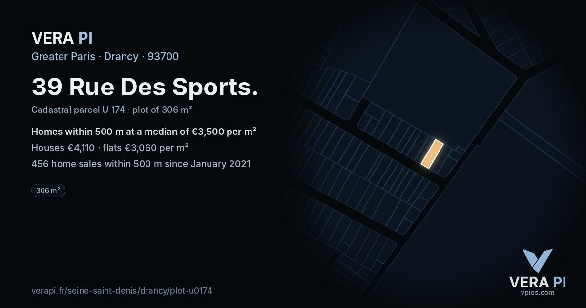 39 Rue Des Sports, Drancy at night – the plot lit, the parcels around coloured by the prices near them