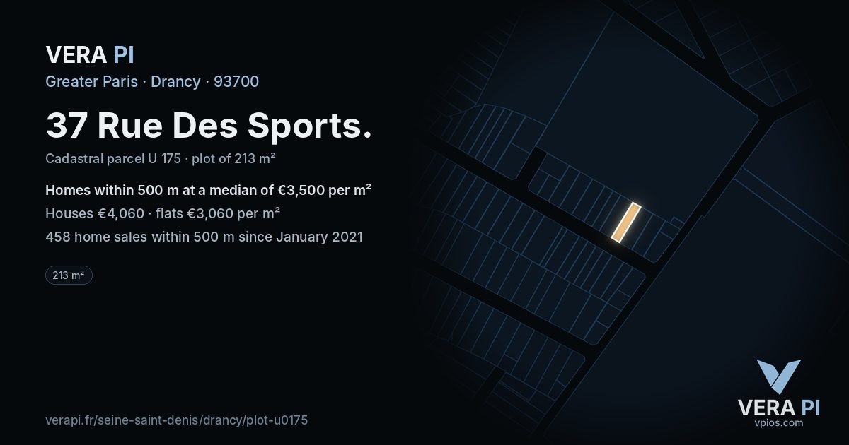 37 Rue Des Sports, Drancy at night – the plot lit, the parcels around coloured by the prices near them