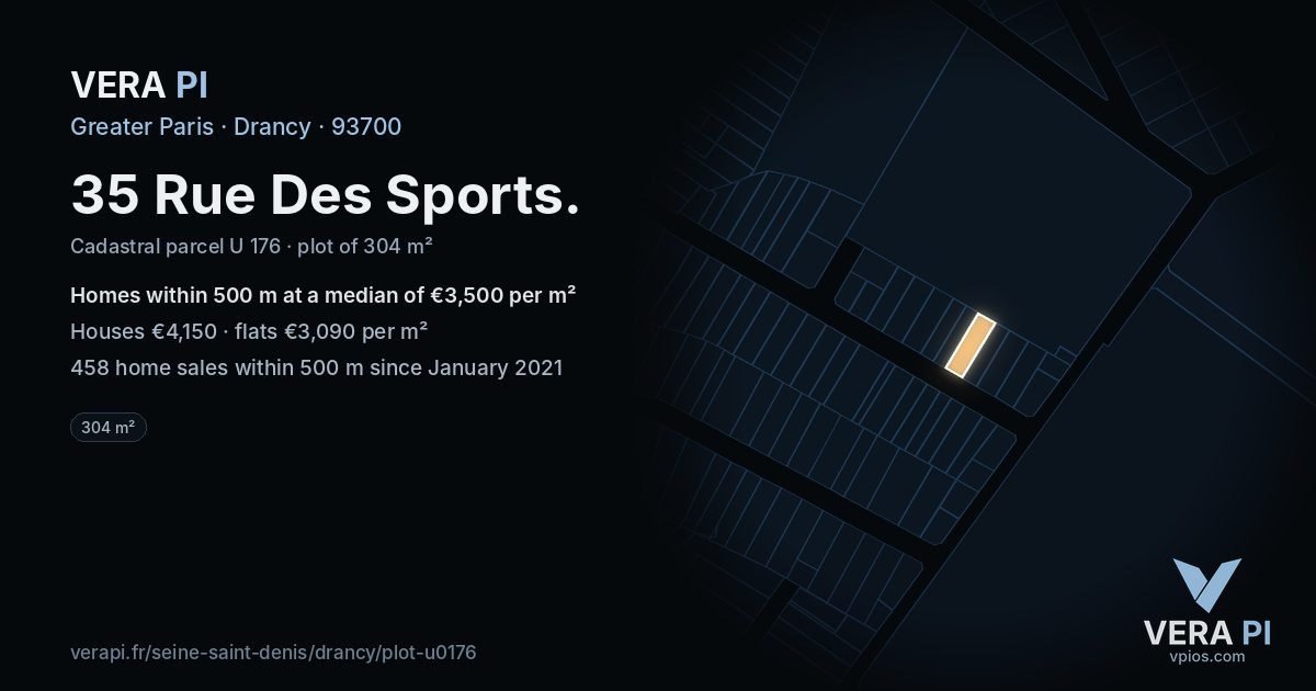35 Rue Des Sports, Drancy at night – the plot lit, the parcels around coloured by the prices near them