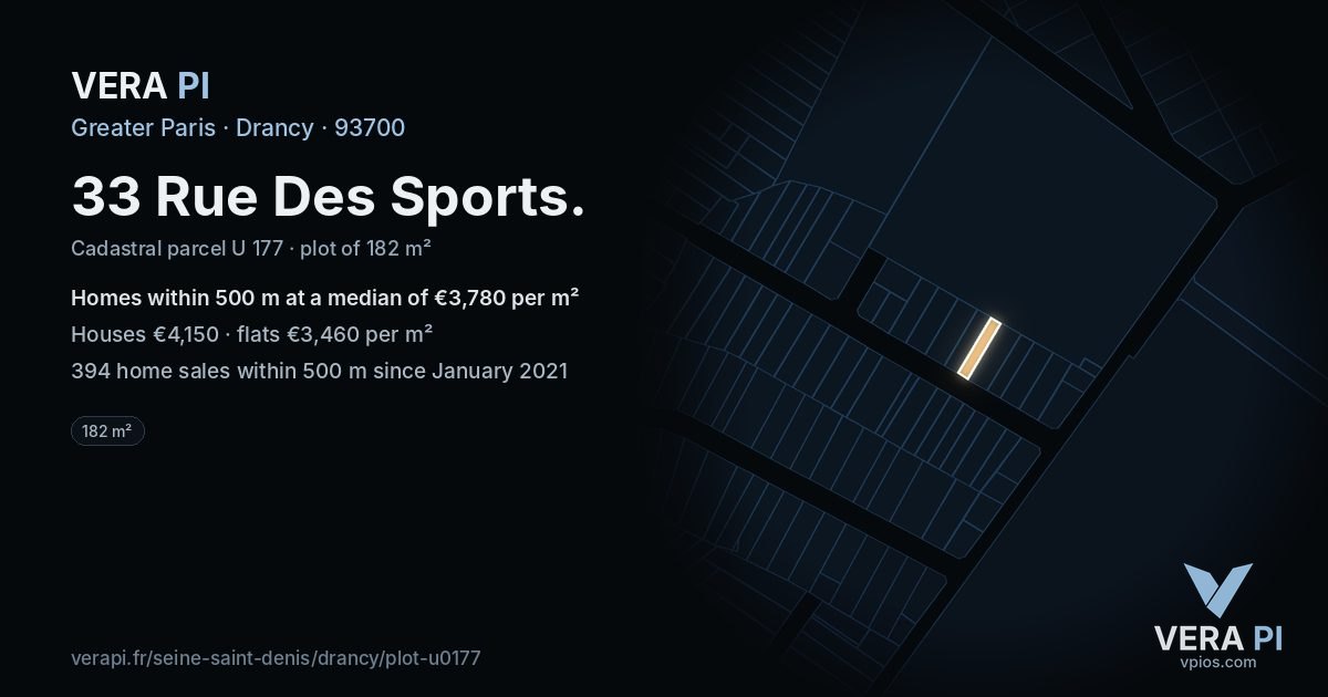 33 Rue Des Sports, Drancy at night – the plot lit, the parcels around coloured by the prices near them