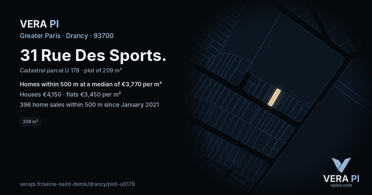 31 Rue Des Sports, Drancy at night – the plot lit, the parcels around coloured by the prices near them