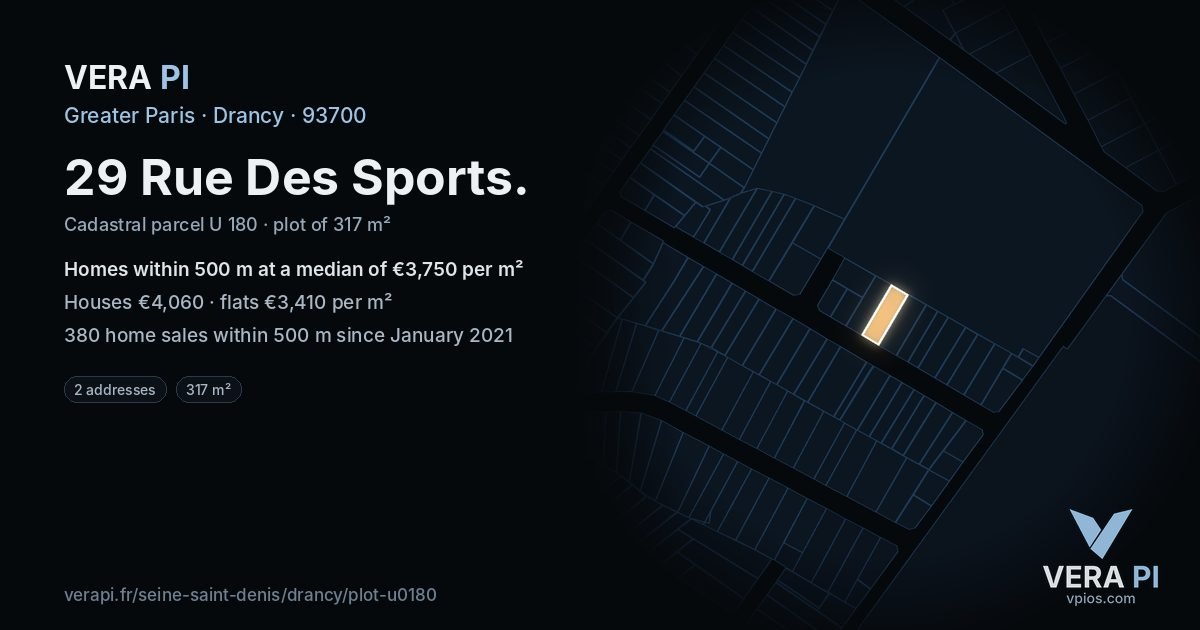 29 Rue Des Sports, Drancy at night – the plot lit, the parcels around coloured by the prices near them