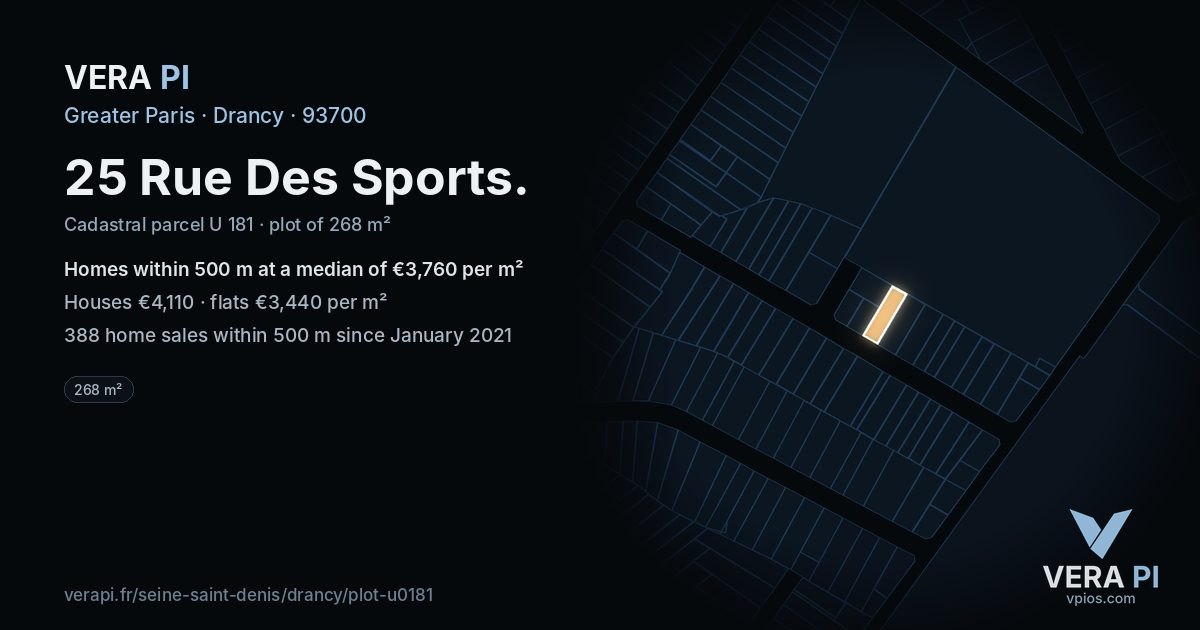 25 Rue Des Sports, Drancy at night – the plot lit, the parcels around coloured by the prices near them