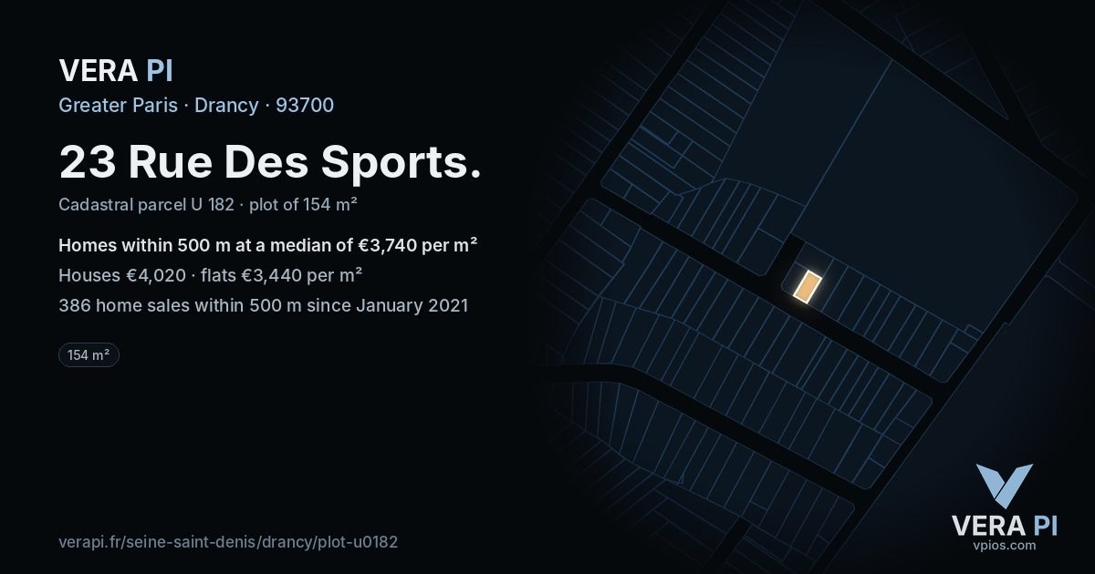 23 Rue Des Sports, Drancy at night – the plot lit, the parcels around coloured by the prices near them