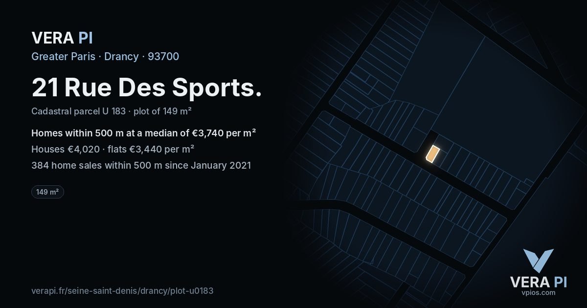 21 Rue Des Sports, Drancy at night – the plot lit, the parcels around coloured by the prices near them
