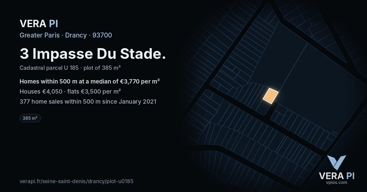 3 Impasse Du Stade, Drancy at night – the plot lit, the parcels around coloured by the prices near them