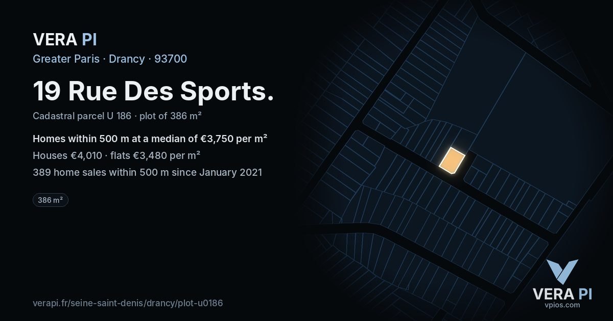 19 Rue Des Sports, Drancy at night – the plot lit, the parcels around coloured by the prices near them