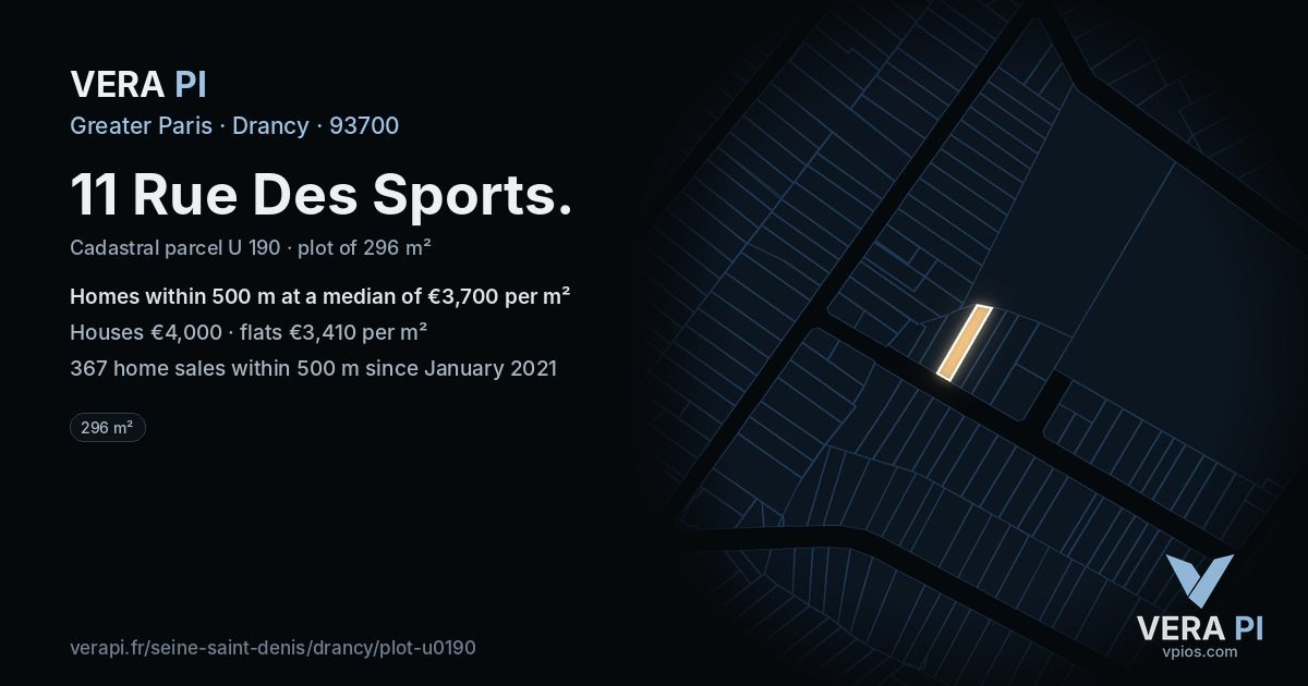 11 Rue Des Sports, Drancy at night – the plot lit, the parcels around coloured by the prices near them
