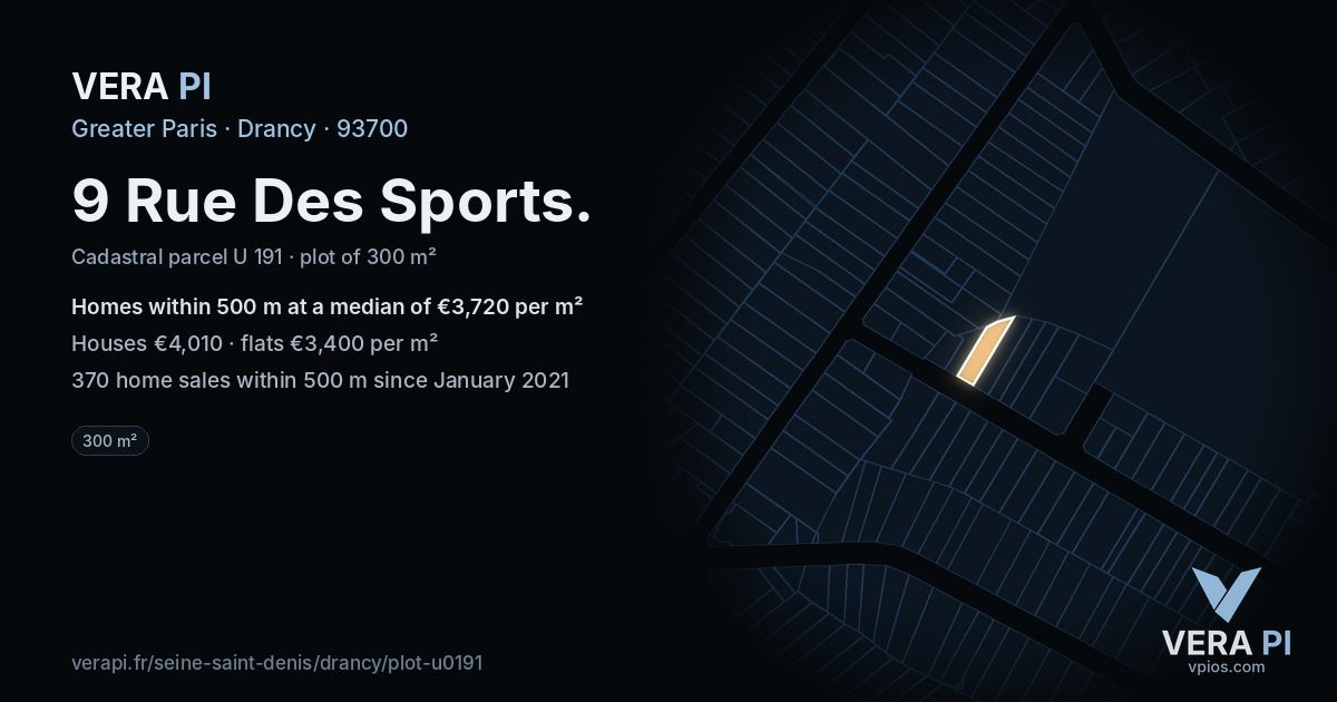 9 Rue Des Sports, Drancy at night – the plot lit, the parcels around coloured by the prices near them