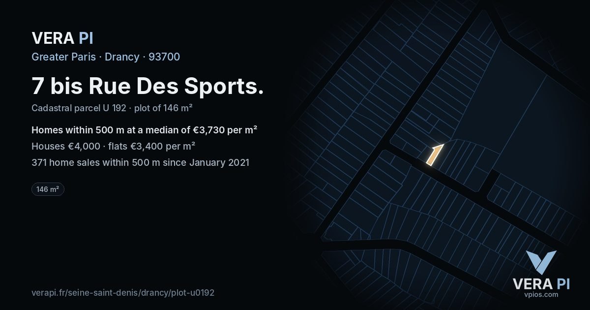 7 bis Rue Des Sports, Drancy at night – the plot lit, the parcels around coloured by the prices near them