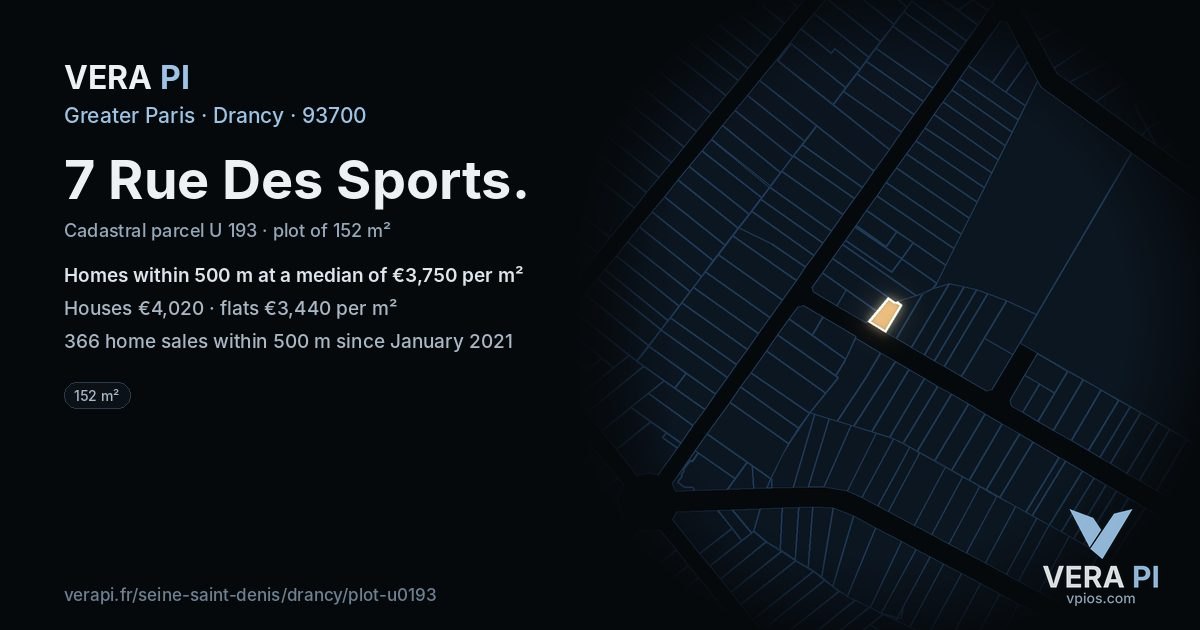 7 Rue Des Sports, Drancy at night – the plot lit, the parcels around coloured by the prices near them