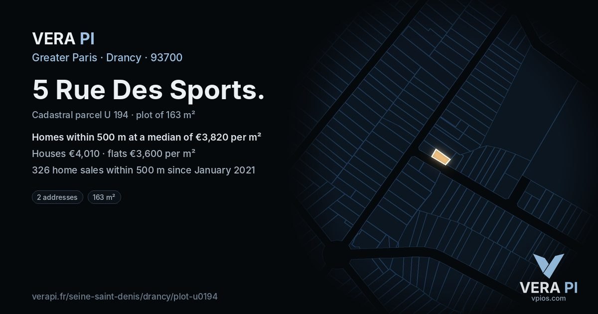 5 Rue Des Sports, Drancy at night – the plot lit, the parcels around coloured by the prices near them