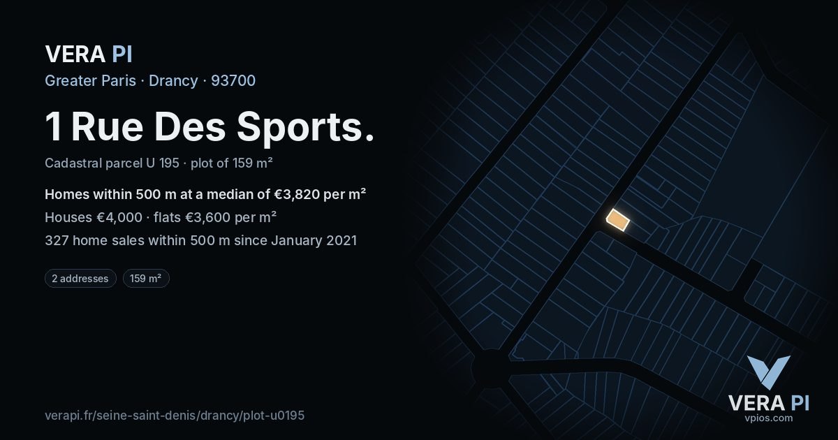 1 Rue Des Sports, Drancy at night – the plot lit, the parcels around coloured by the prices near them