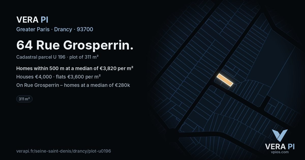 64 Rue Grosperrin, Drancy at night – the plot lit, the parcels around coloured by the prices near them