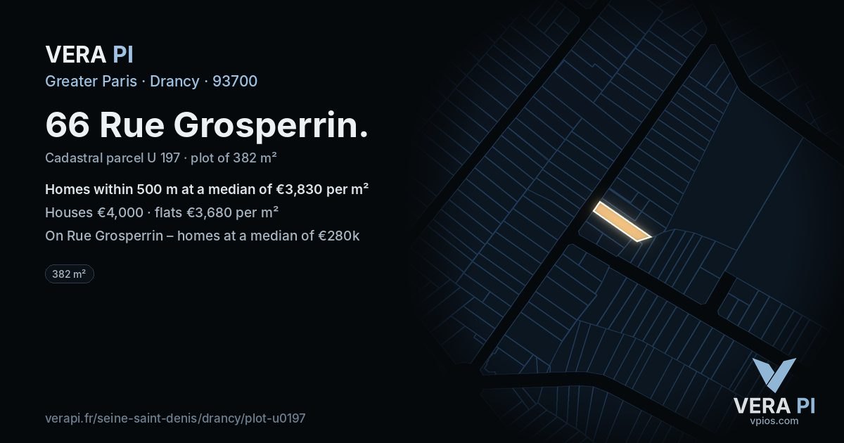 66 Rue Grosperrin, Drancy at night – the plot lit, the parcels around coloured by the prices near them
