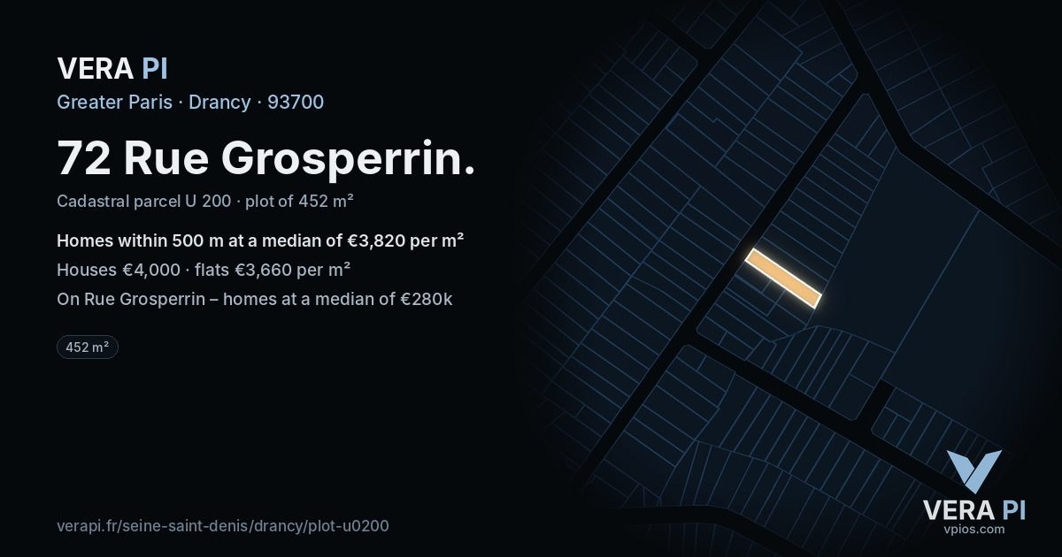 72 Rue Grosperrin, Drancy at night – the plot lit, the parcels around coloured by the prices near them