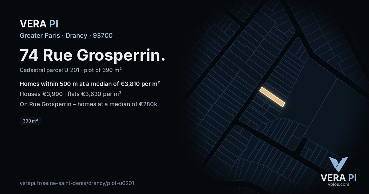 74 Rue Grosperrin, Drancy at night – the plot lit, the parcels around coloured by the prices near them