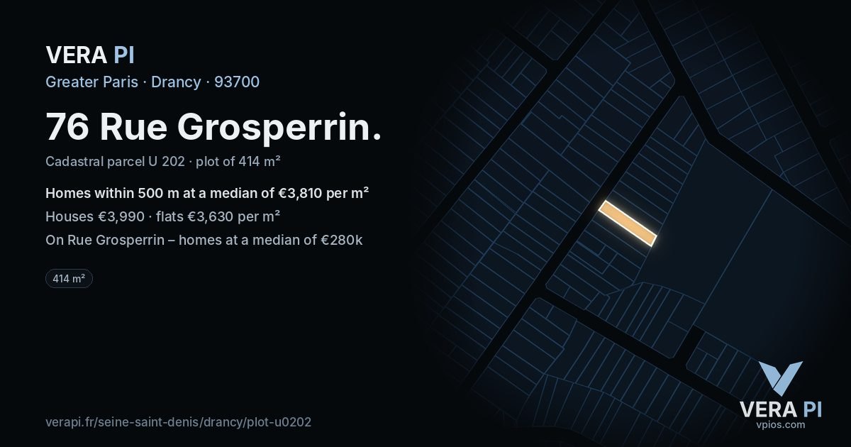 76 Rue Grosperrin, Drancy at night – the plot lit, the parcels around coloured by the prices near them