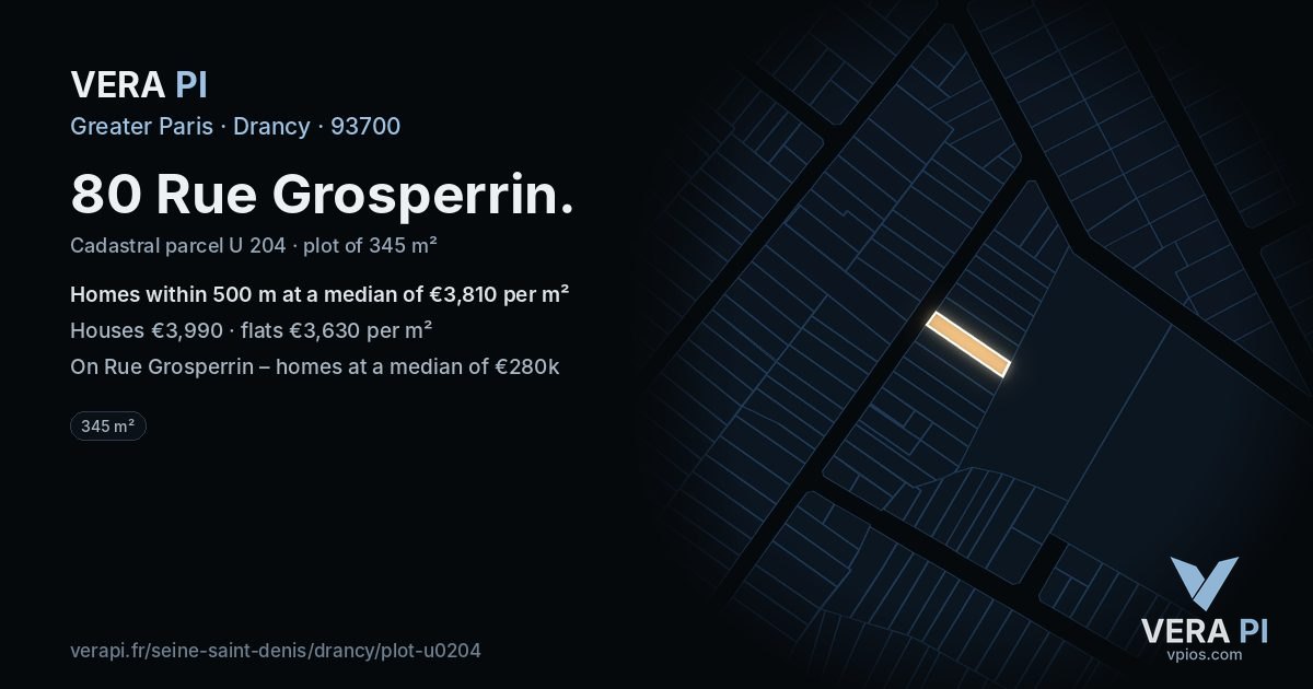 80 Rue Grosperrin, Drancy at night – the plot lit, the parcels around coloured by the prices near them