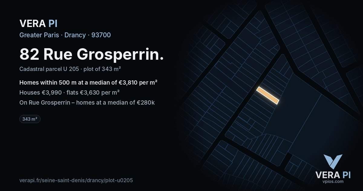 82 Rue Grosperrin, Drancy at night – the plot lit, the parcels around coloured by the prices near them