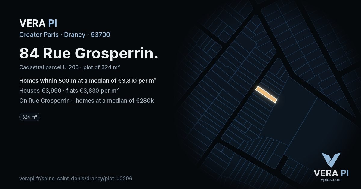 84 Rue Grosperrin, Drancy at night – the plot lit, the parcels around coloured by the prices near them